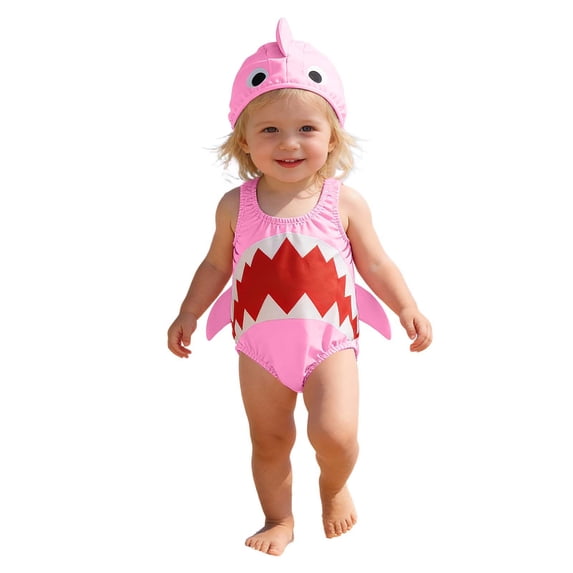 Hihipz Toddler Boys One Piece Swimsuit Cute 3D Shark Print With Hat Pool Resort Bathing Suit