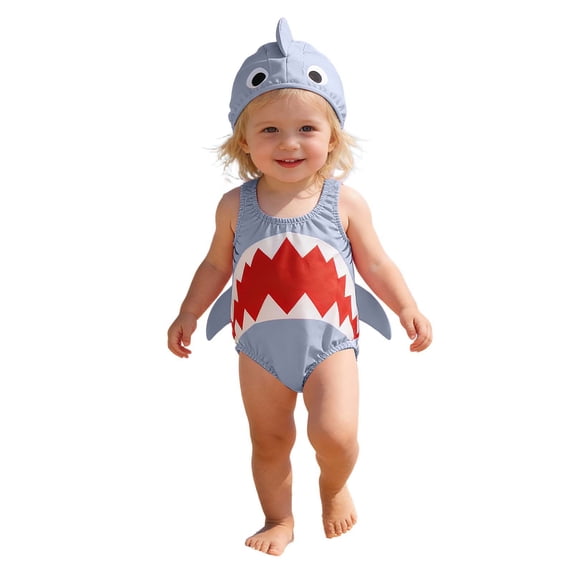 Hihipz Toddler Boys One Piece Swimsuit Cute 3D Shark Print With Hat Pool Resort Bathing Suit