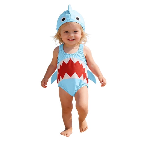Hihipz Toddler Boys One Piece Swimsuit Cute 3D Shark Print With Hat Pool Resort Bathing Suit