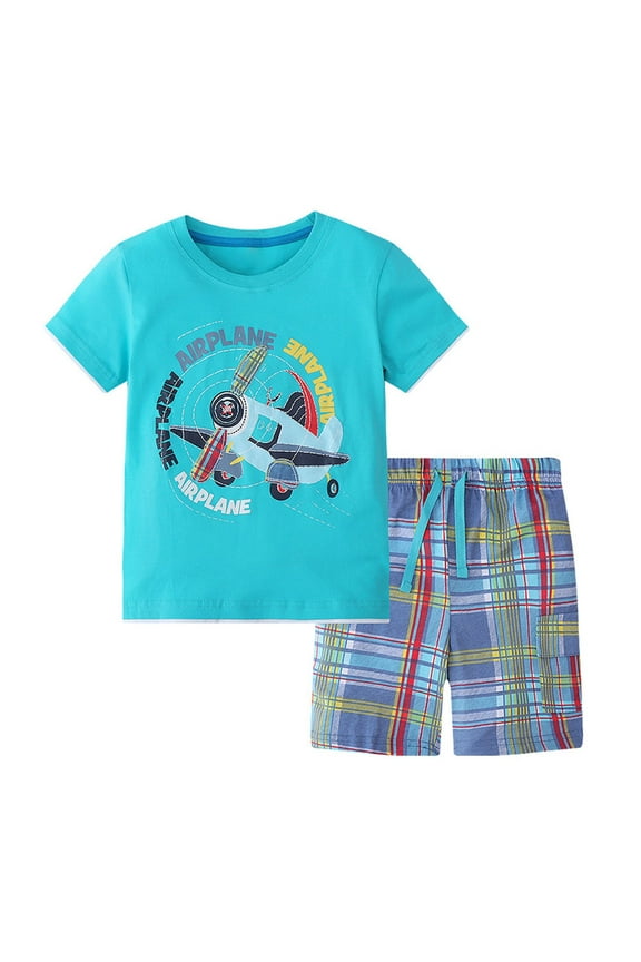 Toddler Boys Outfit Airplane Print Tee Shorts Short Sleeve Knitted Summerwear,Sizes 3-4Y
