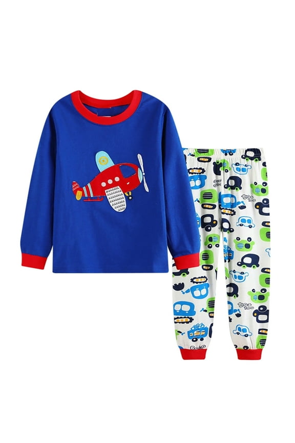 Toddler Boys Outfit Sets Cartoon Airplane Print Long Sleeve Pajama 2-Piece Soft Loungewear Outfits,2Pc
