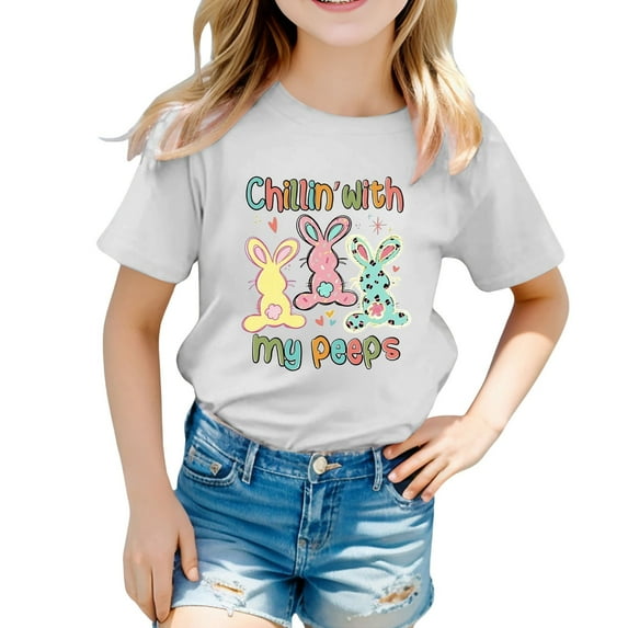 Hihipz Toddler Girl's Easter Graphic T-Shirt Cute Bunny Printed Short Sleeve Round Neck Tshirt Child Loose Fit Casual Tee Top For Boys Girls,Sizes 2-3T