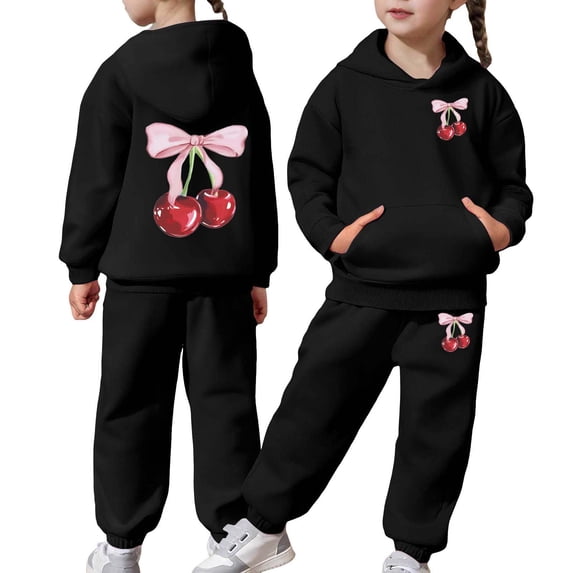 Hihipz Toddler Girls 2-Piece Outfits Cherry Bow Print Hoodie + Pattern Jogger Pants Soft Set