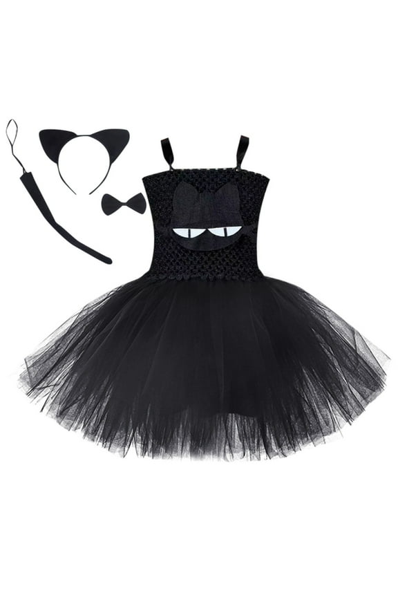 Toddler Girls Dresses Black Mesh Tutu Cat Carnival Pageant Performance Gown 4Pcs Set