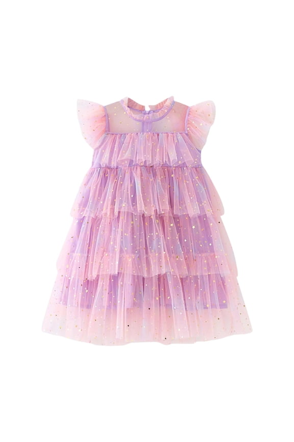 Toddler Girls Dresses Flutter Sleeve Rainbow Star Sequin Mesh Tutu Dress Party Pageant Formal Occasion Celebration Gown
