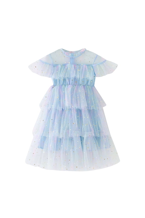 Toddler Girls Dresses Flutter Sleeve Star Moon Sequin Rainbow Tie Dye Ruffle Mesh Tutu Dress Carnival Cake Skirt Princess Gown