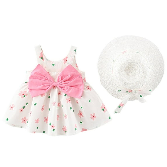 Hihipz Toddler Girls Dresses Oversized Bow Flower Print Sleeveless Sling Dress With Hat Kids Girls Summer Party Beach Resort Style Dresses,6 -12 Months