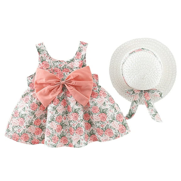 Hihipz Toddler Girls Dresses Oversized Bow Flower Print Sleeveless Sling Dress With Hat Kids Girls Summer Party Beach Resort Style Dresses,2 -3 Years