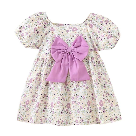 Hihipz Toddler Girls Dresses Puff Sleeve Oversized Bow Floral Print Dress Kids Girls Stylish Everyday Wear Photoshoots Outdoor Dresses,6 -12 Months