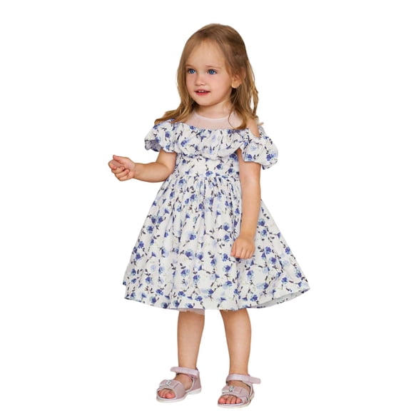Hihipz Toddler Girls Dresses Small Floral Shawl O-Neck Short Sleeved Dress Kids Girls Summer Sweet Western Style Princess A Line Dress,2 -3 Years