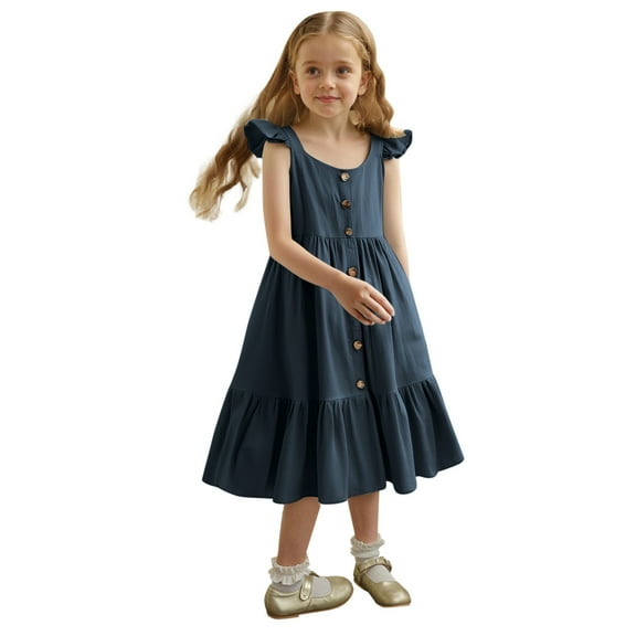 Hihipz Toddler Girls Dresses Solid Color Button Ruffled Sleeve Dress Trendy Loose Comfortable Kids Girls Dresses Daily Wear,1 -2 Years