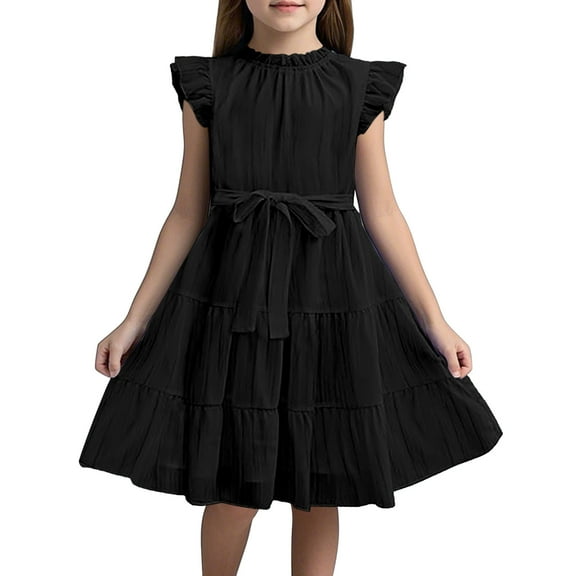 Hihipz Toddler Girls Dresses Solid Ruffle Sleeves Strap Waist Dress Summer Dress Kids Girls Elegant A Line Party Dresses,6-7 Years