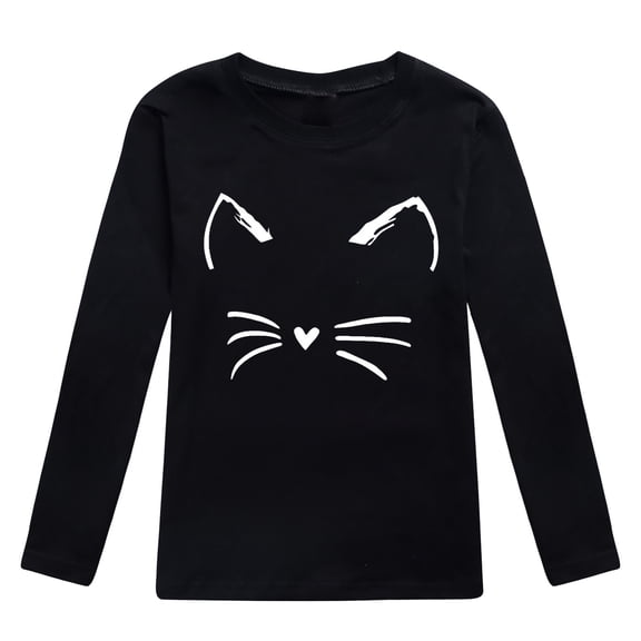 Hihipz Toddler Girls Graphic T-Shirt Cat Face Print Long Sleeve Tee Kids Cute Playful Tshirt