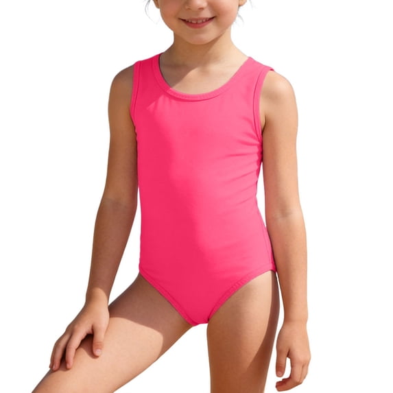 Hihipz Toddler Girls One Piece Swim Suits Solid Color Round Neck Sleeveless Quick Dry Bathing Suit