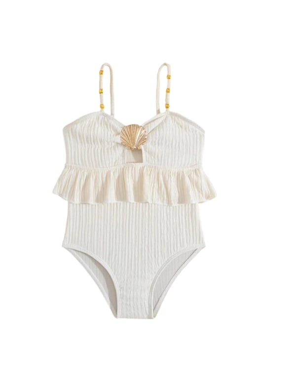 Toddler Girls One-Piece Swimsuit Beaded Strap Shell Accent Ruffle Beach Vacation Bathing Suit