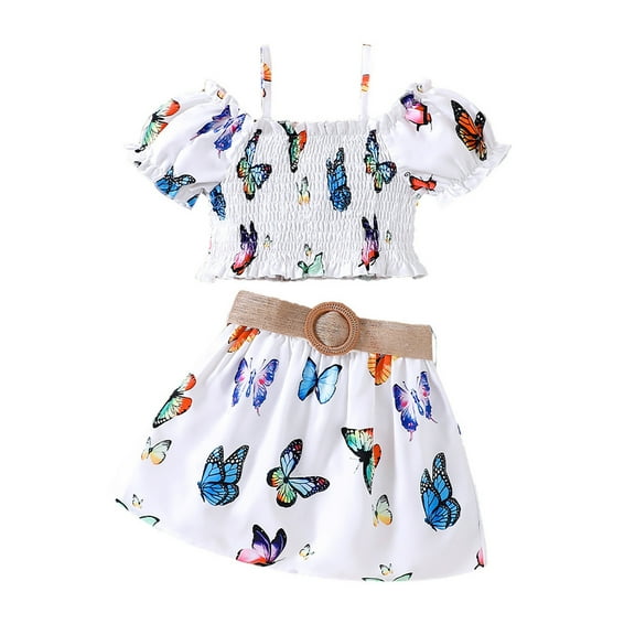 Hihipz Toddler Girls Outfits Sets Butterfly Print Puff Sleeve Top And Skirt Set Kids Girls Summer Beach Vacation Soft Breathable Sets,2Pc,2 -3 Years