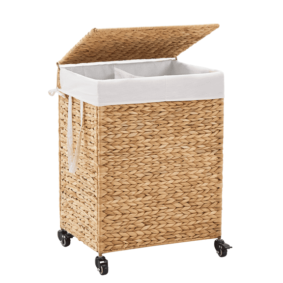 HiiKaa 100L 2-Section Laundry Hamper with Lid and Wheels,Woven Natural Water Hyacinth Rolling Laundry Hamper,Large Capacity for Family Laundry,Removable Washable Liners,Flip-Top Lid,Natural