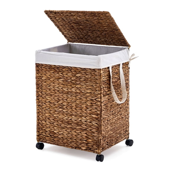 HiiKaa 103L Slim Laundry Hamper with Lid & Wheels, Rolling Laundry Basket with Removable Liner Bag,Narrow Dirty Clothes Basket,Foldable Handwoven Rattan Laundry Sorter,Brown
