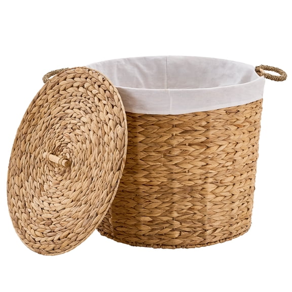 HiiKaa 145L Round Laundry Hamper with Lid,Woven Natural Water Hyacinth Large Laundry Basket,Removable Washable Lining,Bilateral Handles for Bathroom Bedroom Laundry Room,Natural