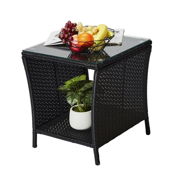 HiiKaa 19in Wicker Rattan Side Table,Outdoor Square Rattan Coffee End Table with Tempered Glass Top and Storage for Patio Porch Lawn Black