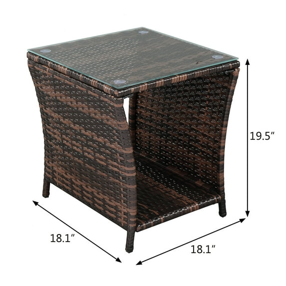 HiiKaa 19in Wicker Rattan Side Table,Outdoor Square Rattan Coffee End Table with Tempered Glass Top and Storage for Patio Porch Lawn Brown
