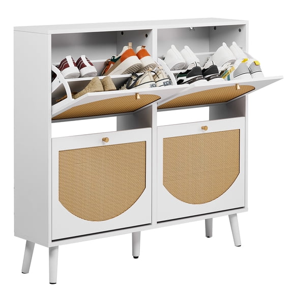HiiKaa 2-Tier Flip-Top Shoe Cabinet with Arched Rattan Fronts,4 Compartment High Leg Storage Organizer,White,41.73" x 9.45" x 38.6", Shoe Rack for Hallway, Porch,Bedroom