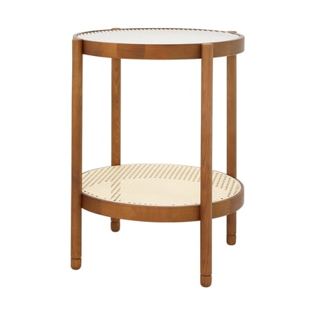 HiiKaa 20in Rattan Coffee Table,Round Water-Wave Glass Metal Center Table,Modern Coffee Table with 2-Tier Storage,Farmhouse Circular Coffee Table for Living Room and Small Space,Natural