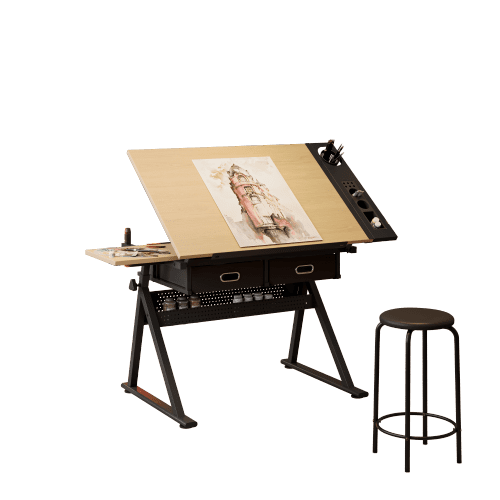 HiiKaa 26-36in Height & Tilting Adjustable Art Desk for Adults,Foldable Drafting Drawing Table with Extra Large Desktop and Drawers,Stools,Maple