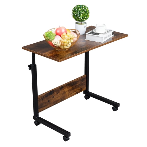 HiiKaa 27-38in Adjustable Height C-shaped Side Table,31.5in Portable Computer Desk,Side Bed Table with Wheels for Living Room,Rustic Brown