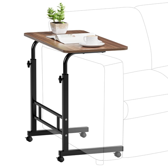 HiiKaa 27-38in Adjustable Height C-shaped Side Table,31.5in Portable Computer Desk,Side Bed Table with Wheels for Living Room,Rustic Brown
