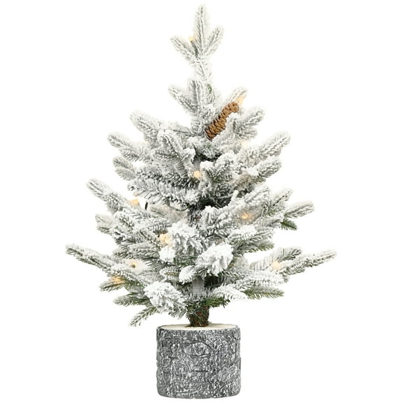 HiiKaa 2FT Pre-lit Potted Flocked Christmas Tree with Pine Cone,Snow Frosted Mini Tabletop Artificial Christmas Tree with 30 Warm White LED Lights and 189 PE Branch Tips for Holiday Decoration