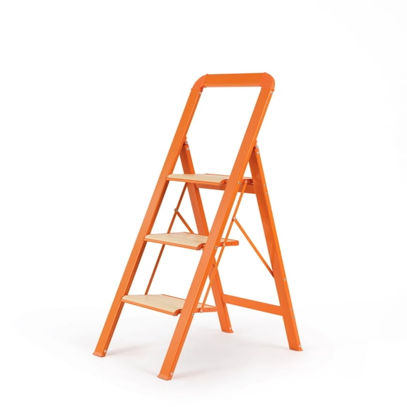 HiiKaa 3 Step Ladder Folding Step Stool with Handrails for Adults,Wide Anti-Slip Pedal,Aluminum Lightweight Foldable Step Ladder for Home Kitchen Office,450 lbs Capacity,Orange