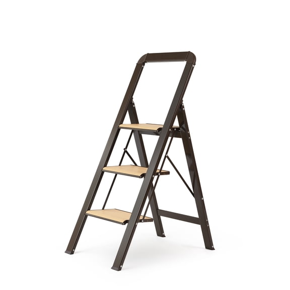 HiiKaa 3 Step Ladder Folding Step Stool with Handrails for Adults,Wide Anti-Slip Pedal,Aluminum Lightweight Foldable Step Ladder for Home Kitchen Office,450 lbs Capacity,Brown