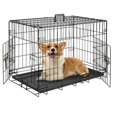 HiiKaa 30 inch Double Door Dog Crate with Divider for Puppy Medium Dog,Collapsible Metal Dog Kennel with Removable Tray,Portable Travel Cage,Black