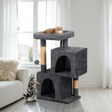 HiiKaa 32" Cat Tree Tower for Indoor Cats,Multi-Level Cat Scratching Posts with Padded Perch,2 Cozy Condos,Hanging Toys for Kittens,Dark Grey