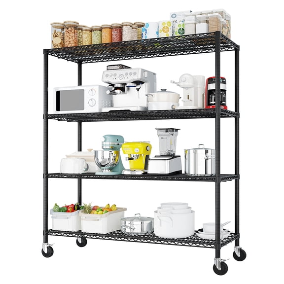 HiiKaa 4-Shelf Storage Shelves with Casters,Heavy Duty 4 Tiers Rolling Cart Utility Racks Adjustable Wire Metal Shelving,Black