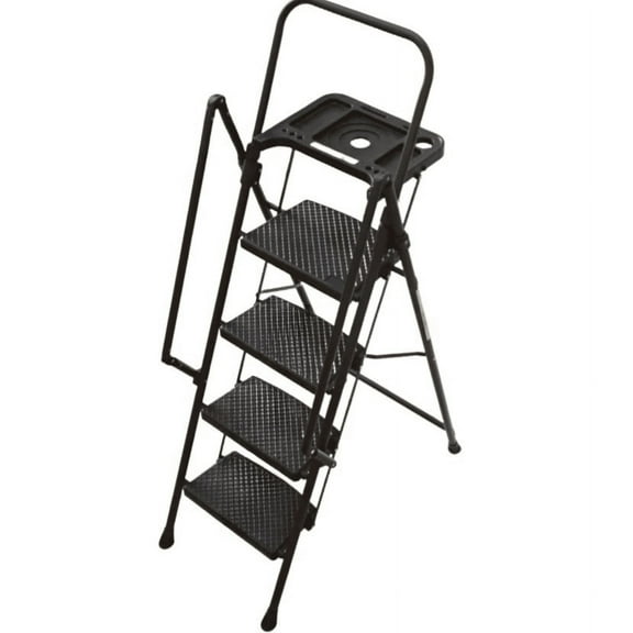 HiiKaa 4 Step Portable Ladder with Handrails,Folding Step Stool with Tool Tray,Bag,Portable Steel Step Stool,Black