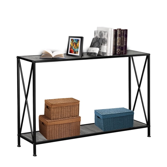 HiiKaa 44in Console Table,2-Tier Industrial entryway Table,Narrow Sofa Table with Shelves,Entrance Table for Entryway,Hallway,Living Room,Foyer,Corridor,Office,Grey & Black