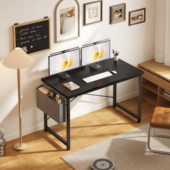 HiiKaa 47" Computer Desk with Metal Frame,Waterproof Surface and Storage Bag  Perfect for Office Use, Black,Spacious Work Area,Under-Desk Storage,Easy Assembly