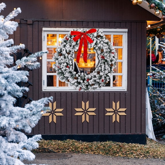HiiKaa 48in Large Snow Flocked Pre-Lit Christmas Wreath for Outdoor Decoration,150 Warm Light LED Lights 8 Modes with Mantel Bow,450 PVC Tips, Plug-In Power for Indoor/Outside Xmas Wall Decor