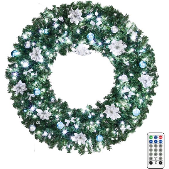 HiiKaa 48in Pre Lit Christmas Wreath,Outdoor Xmas Wreath with 150 Lights,450 Tips,Bells,Blue Silver Ornaments,Large Christmas Wreath for Front Door, Fireplace, Wall, Holiday Decor (Plug-in)