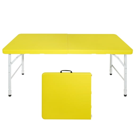 HiiKaa 4Ft Adjustable Height Plastic Folding Table,Heavy Duty Fold-in-Half Table with Carrying Handle,Small Utility Foldable Table for Picnic Party Camping BBQ,Indoor/Outdoor (Yellow)