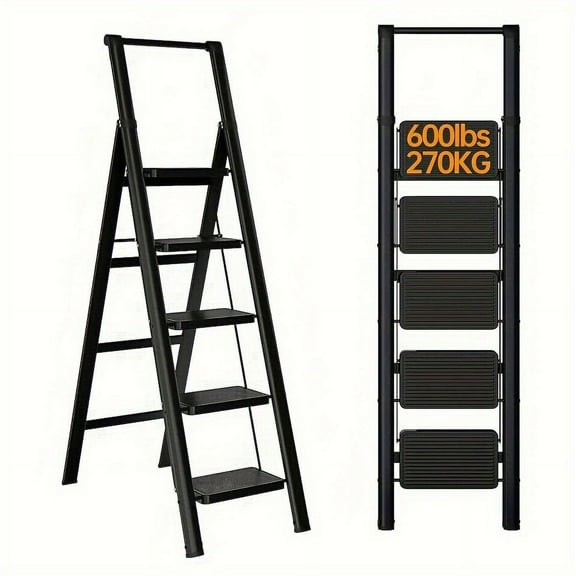 HiiKaa 5 Aluminum Step Ladder,Sturdy Ladders for Home with Tool Tray,Anti-Slip Folding Step Stool for Adults, Light Weight Portable 600lbs Safety for Kitchen Warehouse Outdoor Work,Black