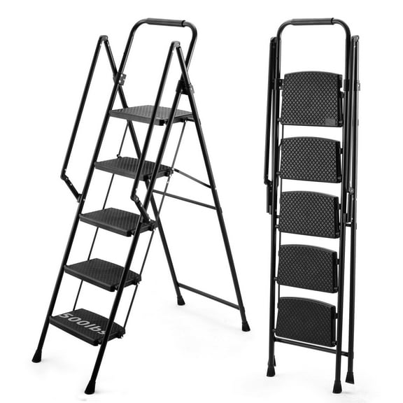 HiiKaa 5 Step Ladder with Handrails,Folding Step Stool Portable Steel Ladder for Adults for Home Kitchen Library Office,Black