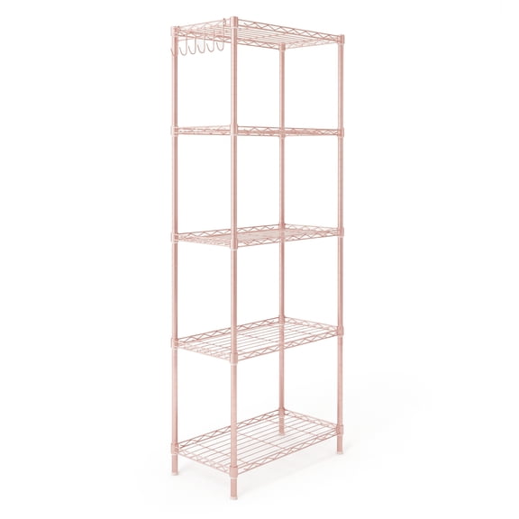 HiiKaa 5-Tier Adjustable Shelf Display Rack,Heavy Duty Iron Storage Shelving Unit with Pin-Style Transformable Structure,Adjustable Spacing & Leveling Feet for Kitchen,Garage,Retail, Craft Room,Pink