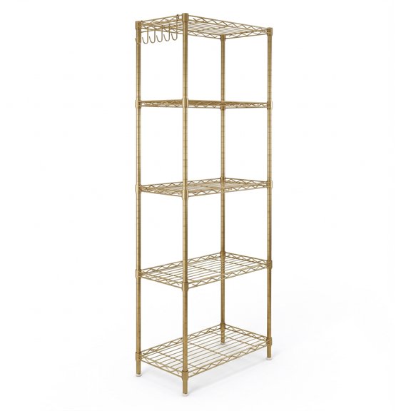 HiiKaa 5-Tier Display Rack with Adjustable Shelves,Gold High-Gloss Powder-Coated Iron Shelving Unit,Pin-Style Deformable Structure, Adjustable Feet,21" x 11" x 59",for Living Room Retail Home Office