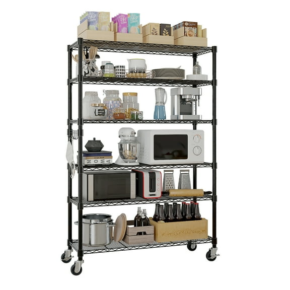 HiiKaa 6-Tier Storage Shelves NSF Certified Wire Shelving Unit on Wheels Heavy Duty Metal Shelves Adjustable Steel Shelving 1200Lbs Capacity for Closet Pantry Basement,18"x 47"x 82",Black