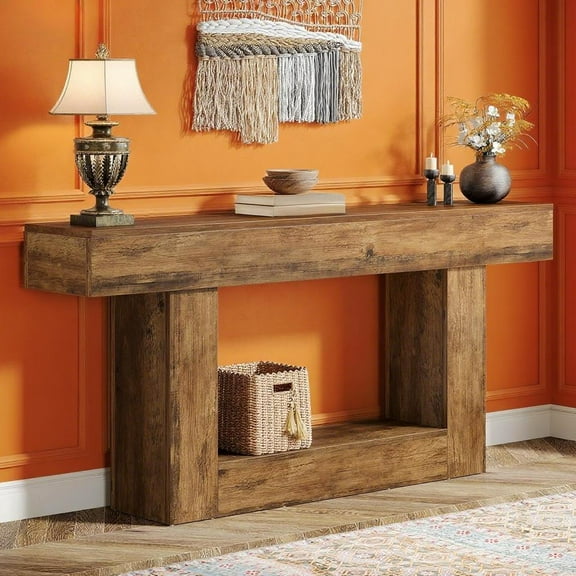 HiiKaa 63-Inch Long Console Table,2-Tier Entryway Table Sofa Table with Storage,Farmhouse Wood Behind Couch Tables for Living Room,Hallway,Rustic Brown