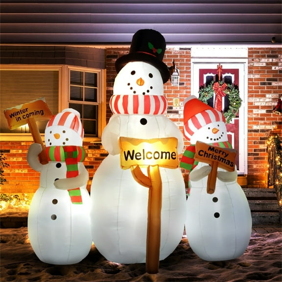 HiiKaa 6FT Christmas Inflatable Snowman Family Hold Welcome Sign,Outdoor Christmas Decorations Blow Up Inflatables Decorations with Built-in LED for Outside,Lawn,Yard Giant Holiday Decor