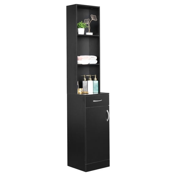 HiiKaa Black Bathroom Wall Cabinet,MDF Melamine One Door One Drawer Three Compartments Tall Storage Cabinet,13.39" x 11.02" x 70.08", Waterproof for Bathroom,Laundry,Narrow Spaces